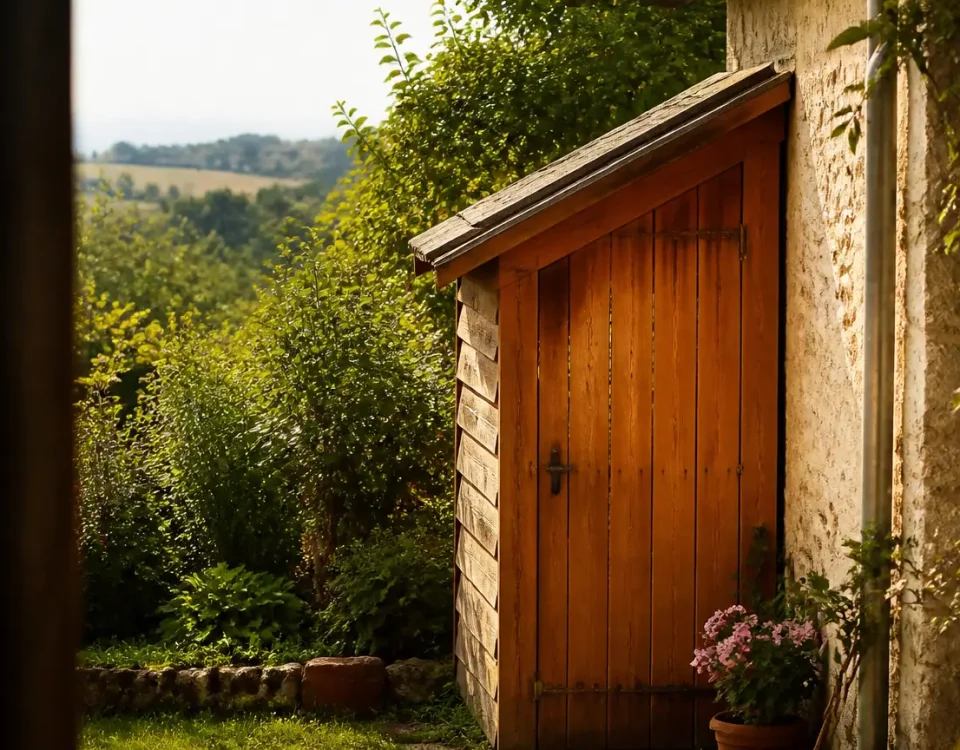 Petit abri de jardin en bois contre une maison