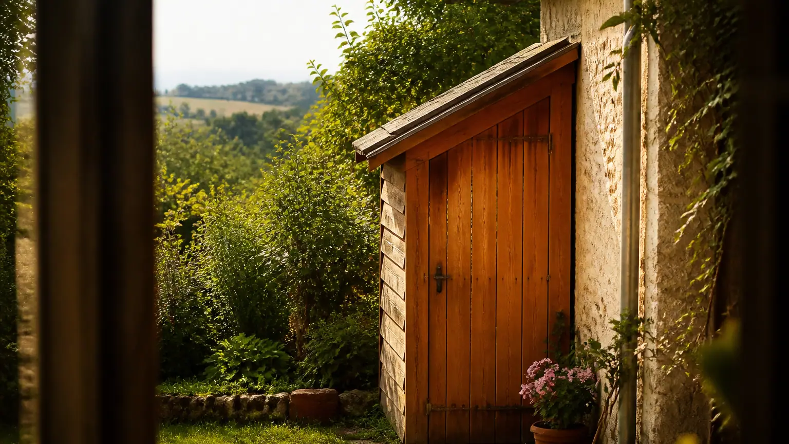 Petit abri de jardin en bois contre une maison