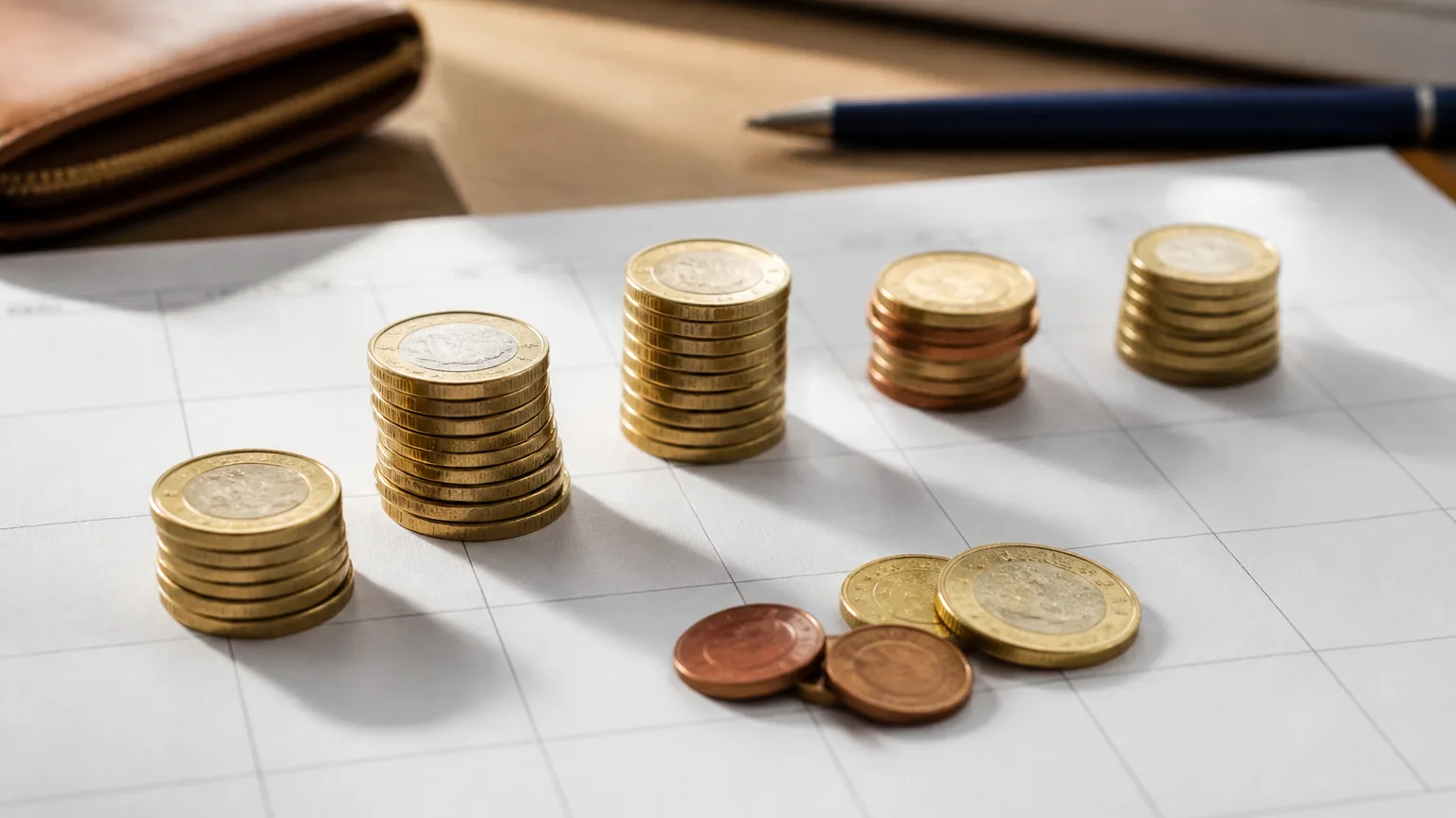 Pile de pieces en euros posee sur un calendrier