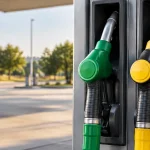 Pistolets de pompe essence et gazole rangés côte à côte dans une station-service