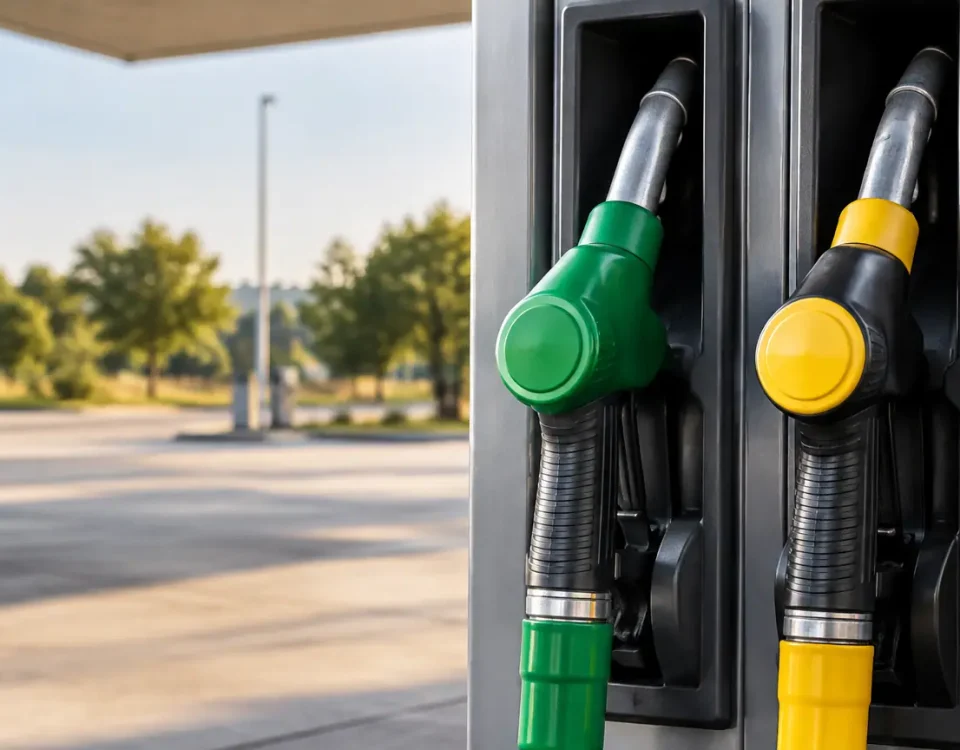Pistolets de pompe essence et gazole rangés côte à côte dans une station-service