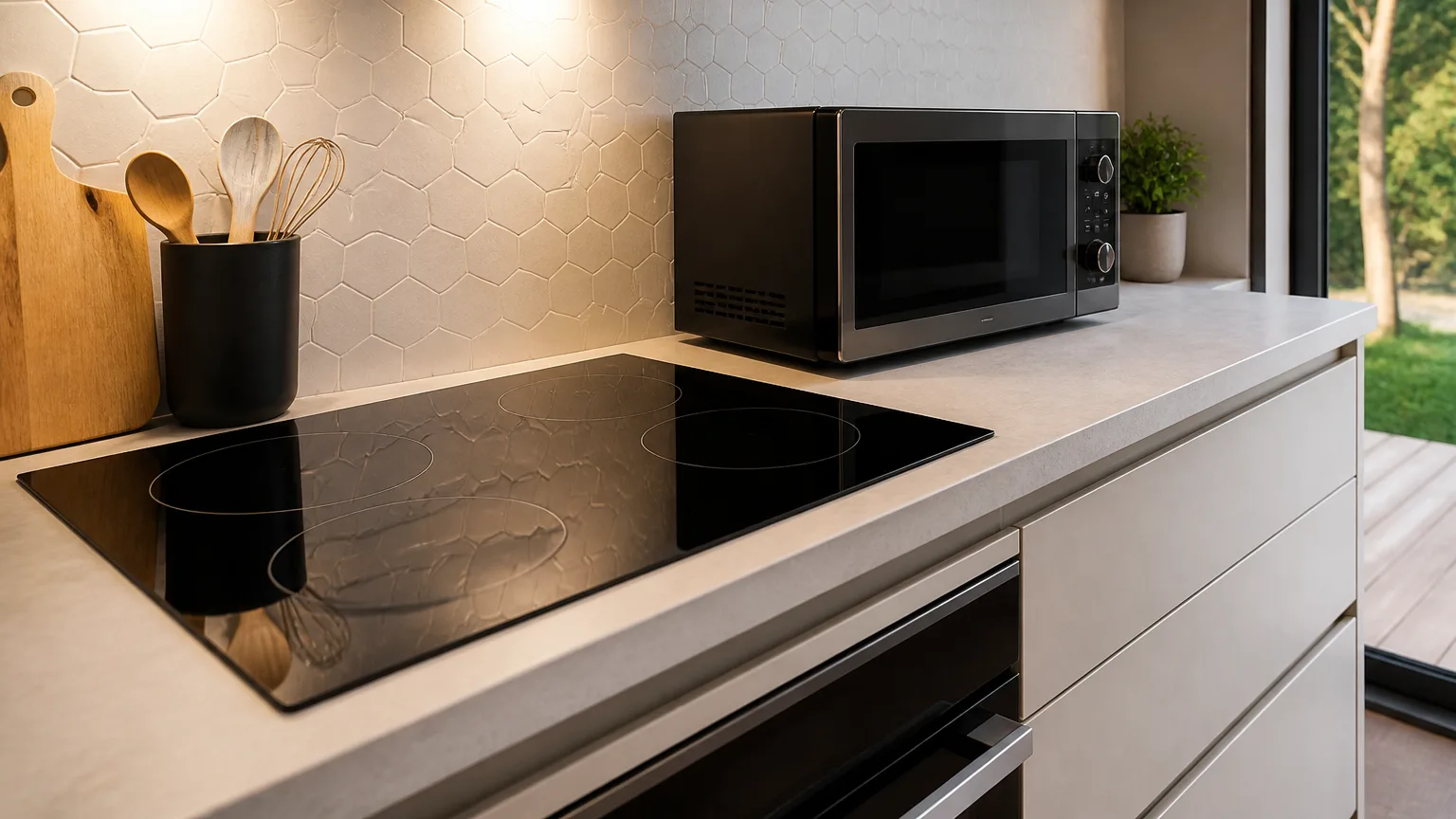Plaque induction noire et micro-ondes sur plan