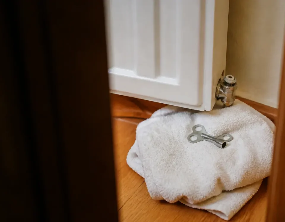 Plombier agenouille purge un radiateur avec une cle