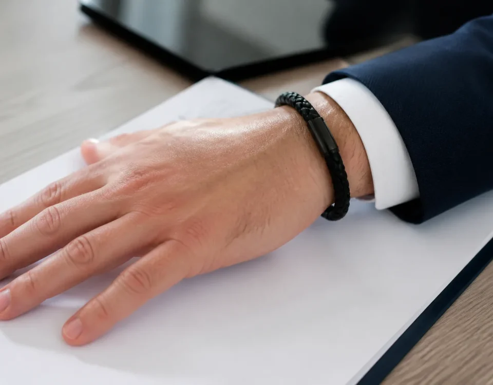 Poignet portant un bracelet noir pose sur un contrat