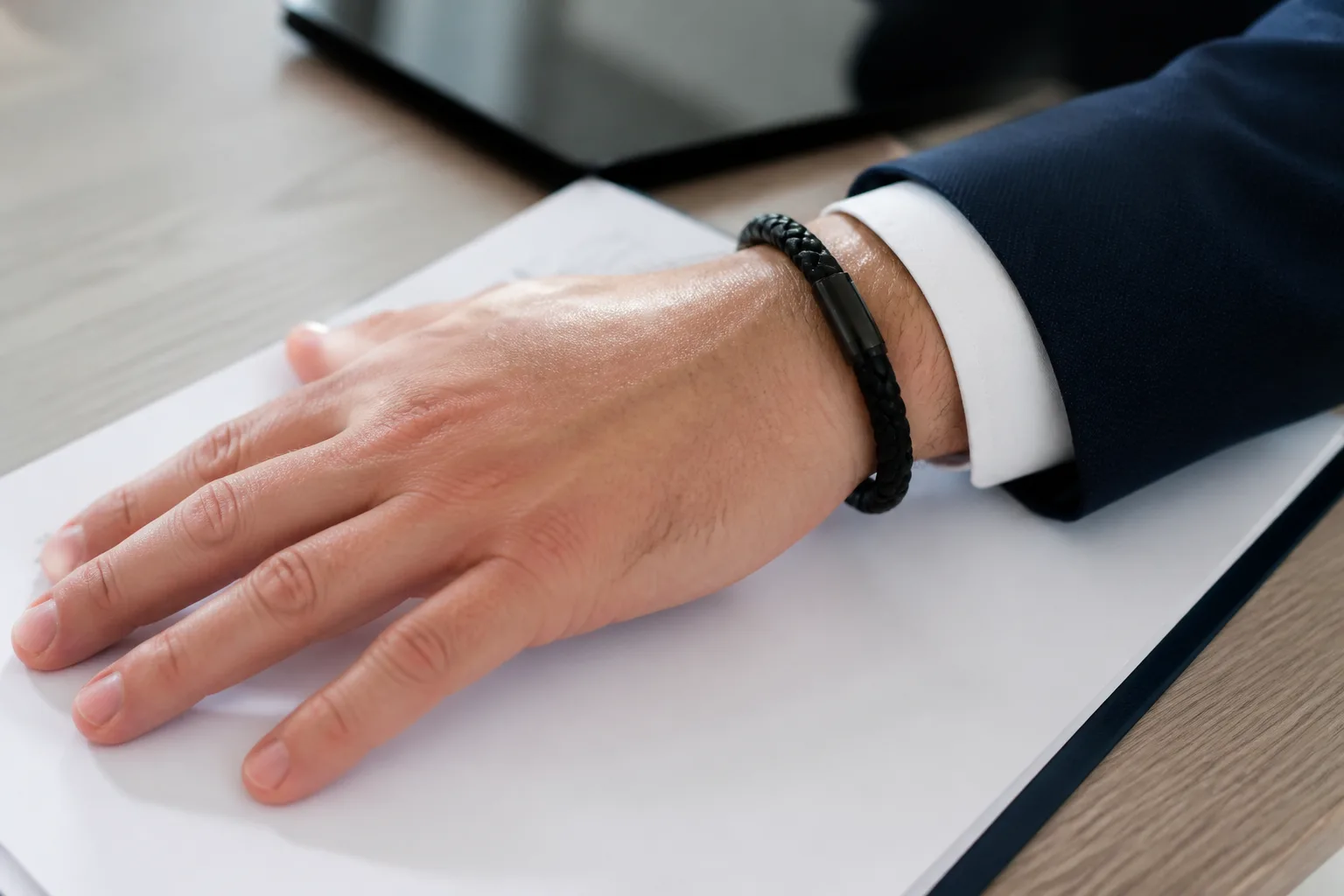 Poignet portant un bracelet noir pose sur un contrat