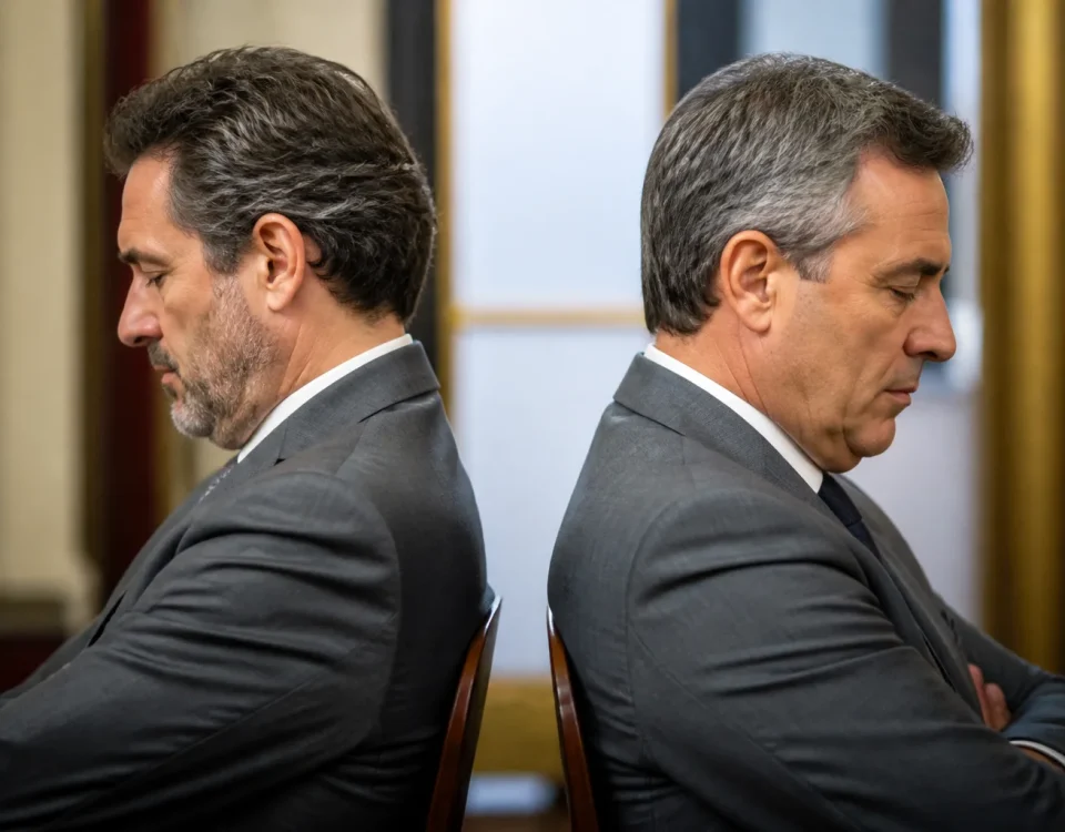 Politiciens en costumes gris assis dos a dos