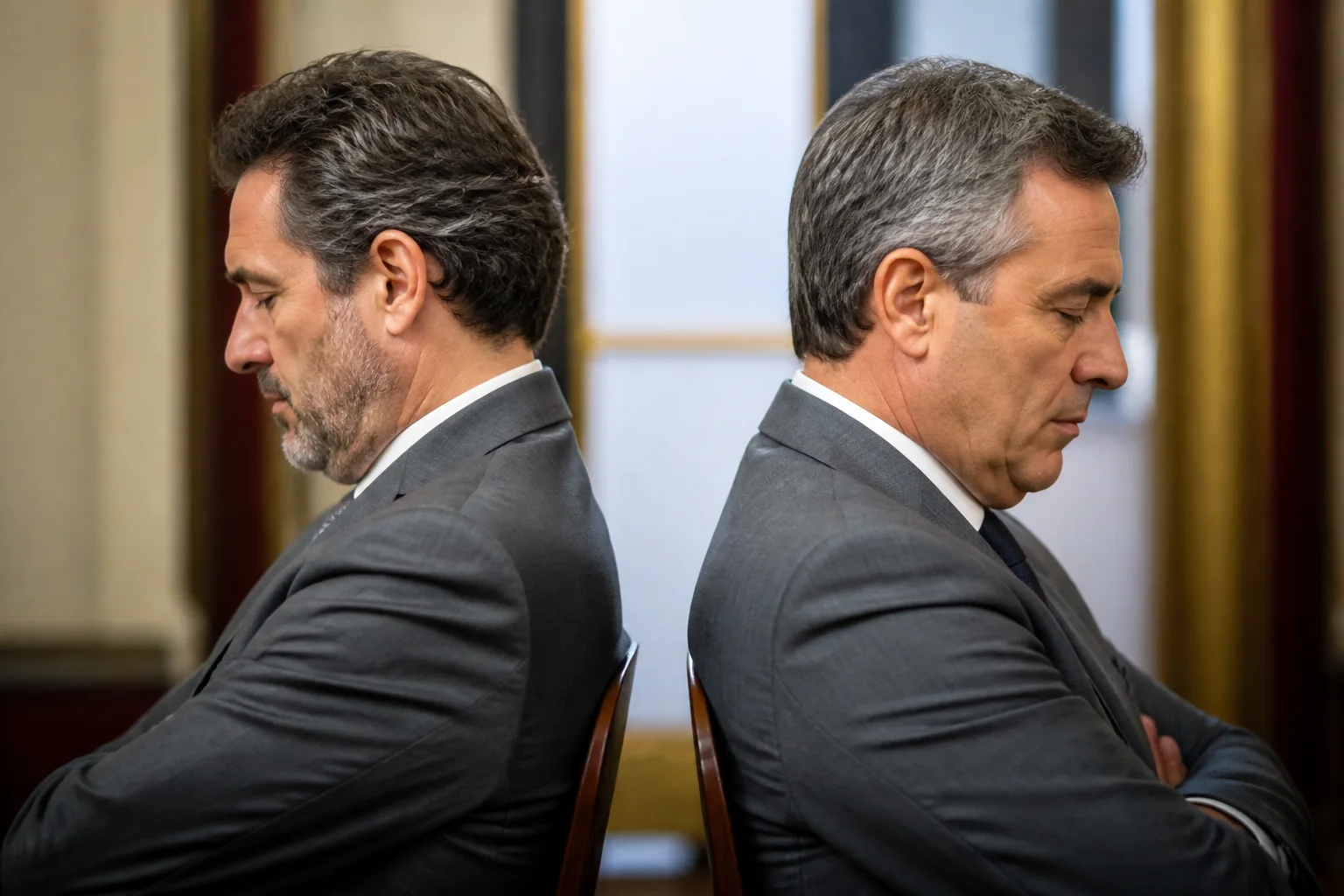 Politiciens en costumes gris assis dos a dos