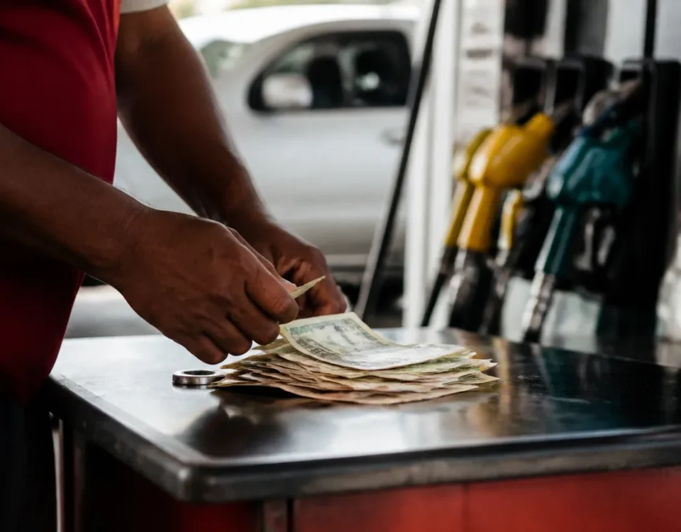 Pompe à essence avec billets posés sur le comptoir