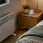 Radiateur blanc au sol, minuterie sur table de chevet