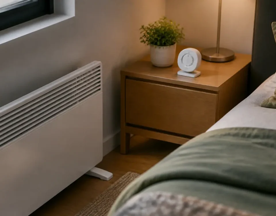 Radiateur blanc au sol, minuterie sur table de chevet