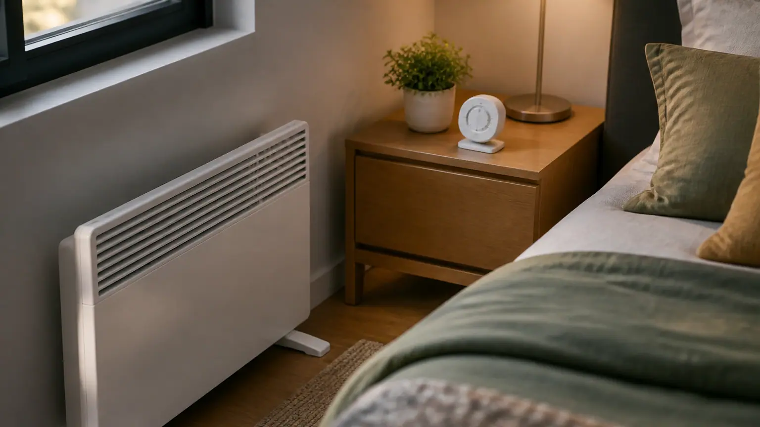 Radiateur blanc au sol, minuterie sur table de chevet