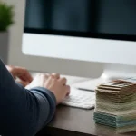 Salarie devant un ordinateur avec une pile de billets