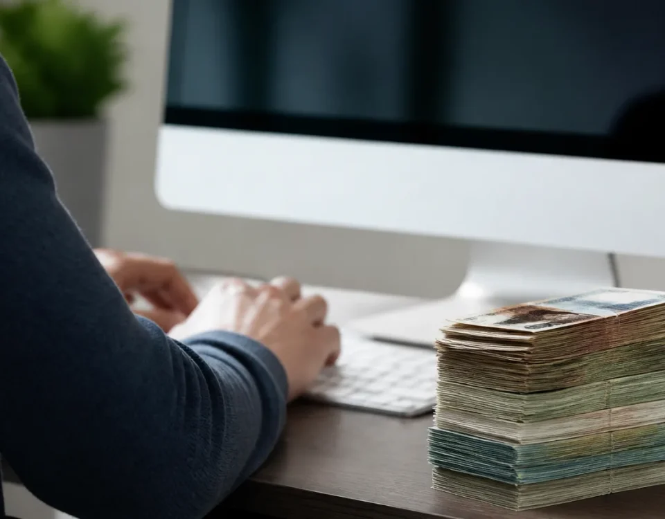 Salarie devant un ordinateur avec une pile de billets