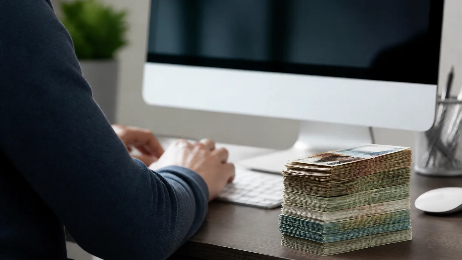 Salarie devant un ordinateur avec une pile de billets
