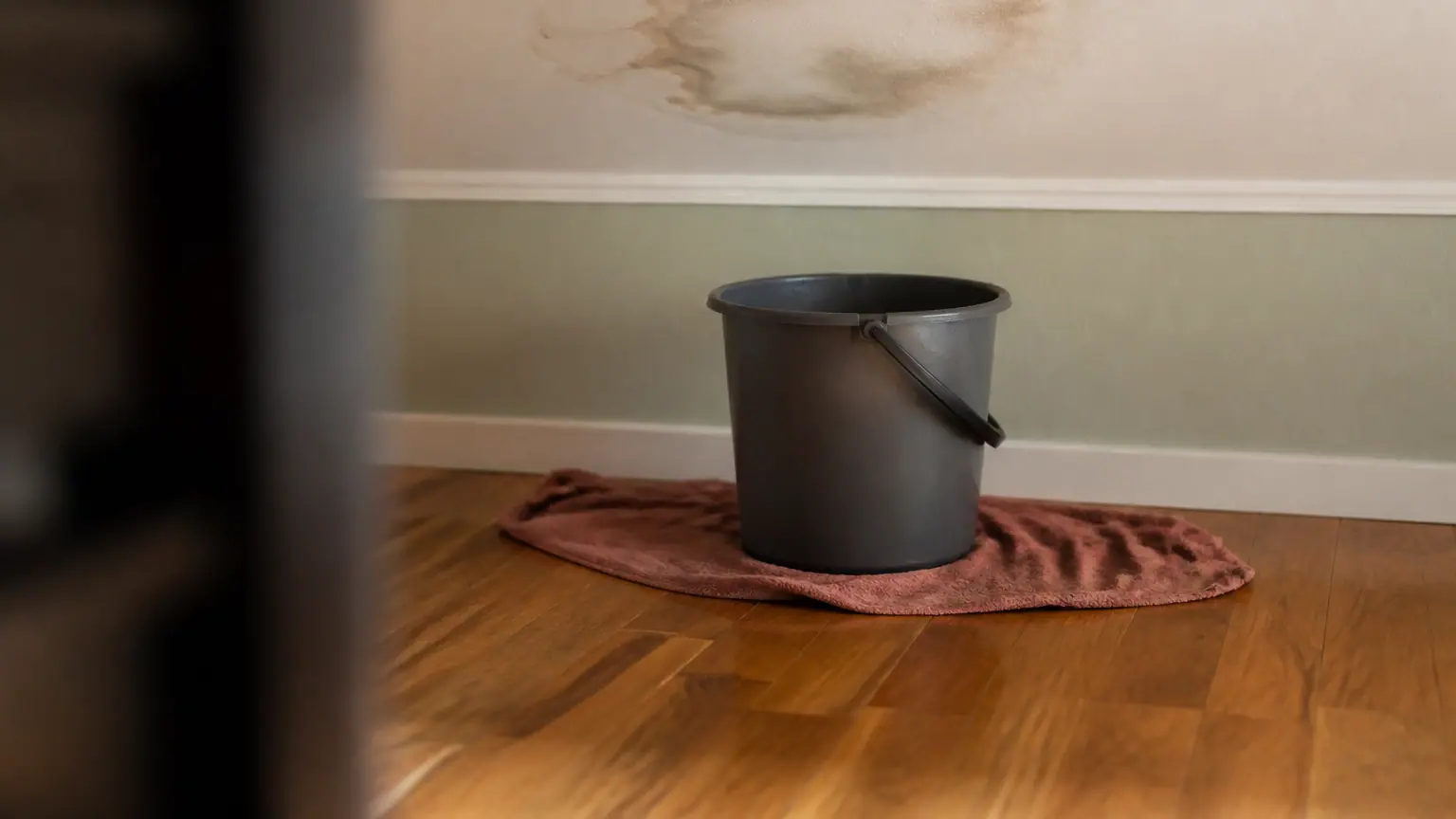 Seau posé sur parquet sous plafond tache d'humidite