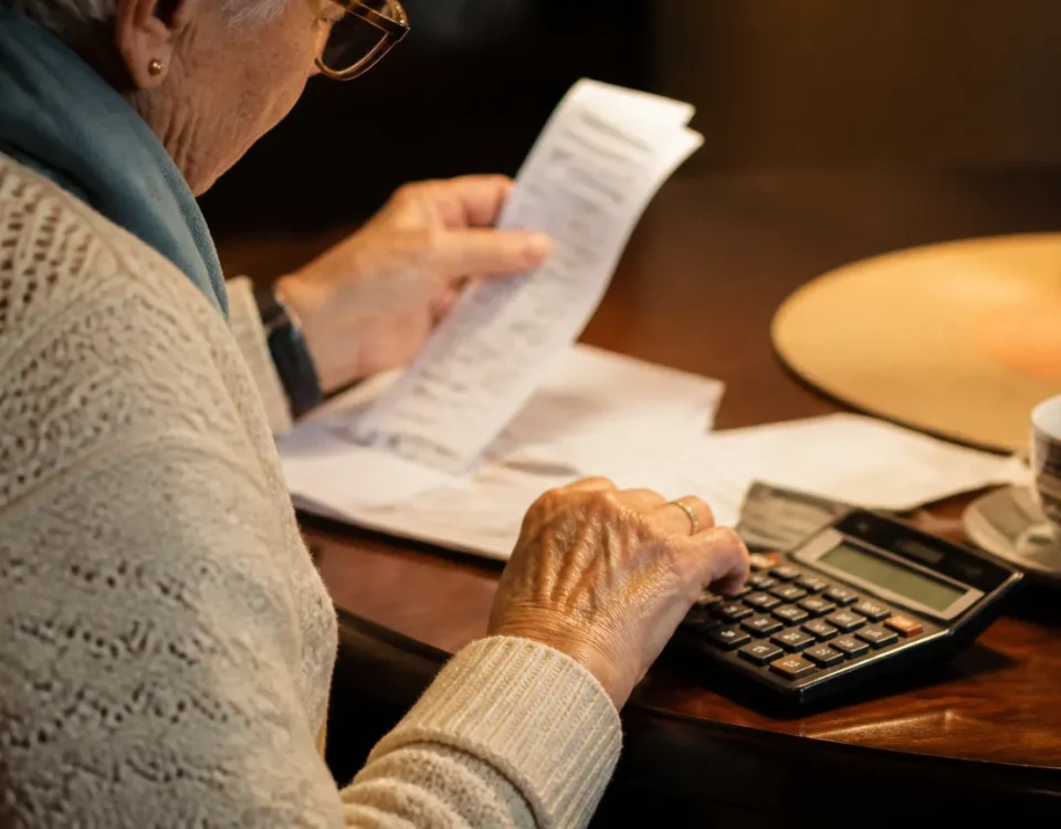 Senior assis a table avec calculatrice et releve papier