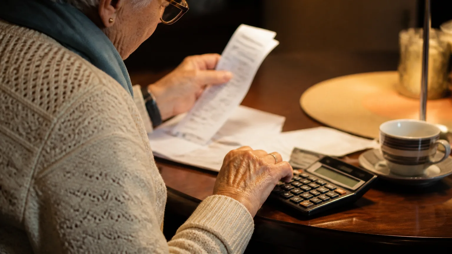 Senior assis a table avec calculatrice et releve papier