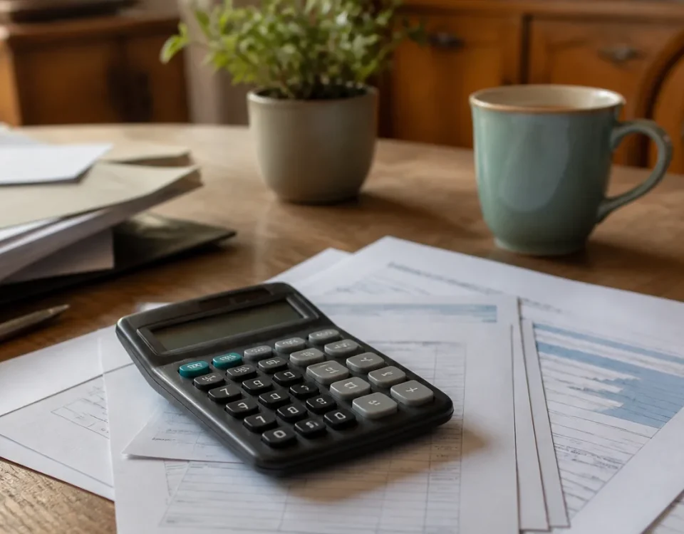 Deux seniors assis devant une feuille fiscale et calculatrice