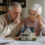 Seniors assis devant une maison miniature et papiers