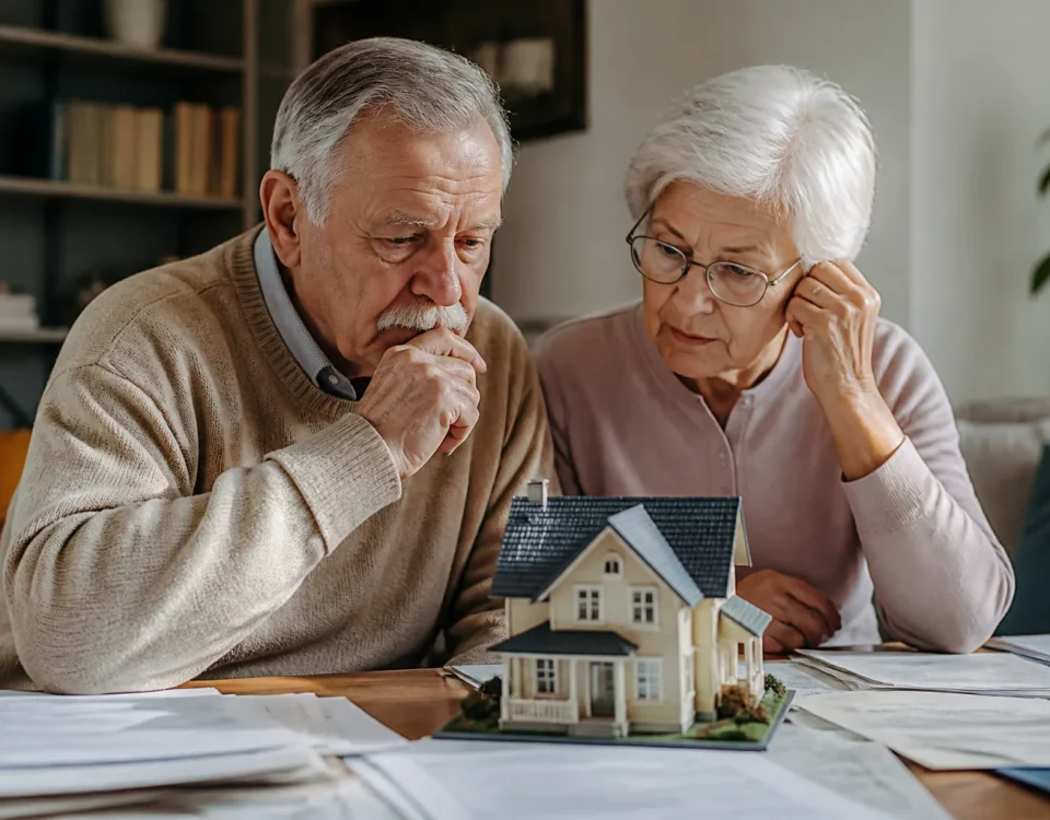 Seniors assis devant une maison miniature et papiers