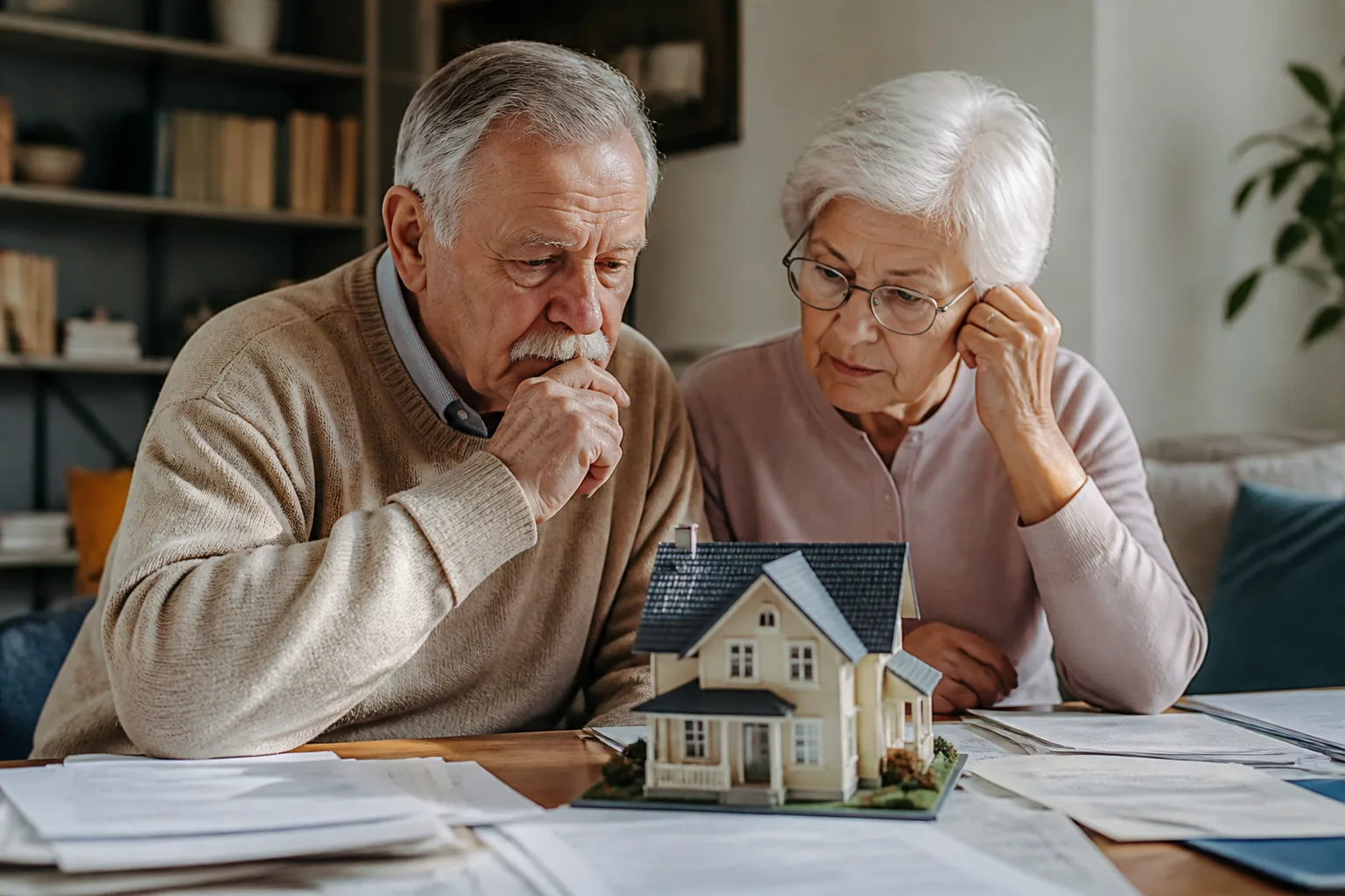 Seniors assis devant une maison miniature et papiers