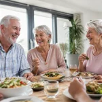 Seniors souriants partageant un repas dans une residence lumineuse
