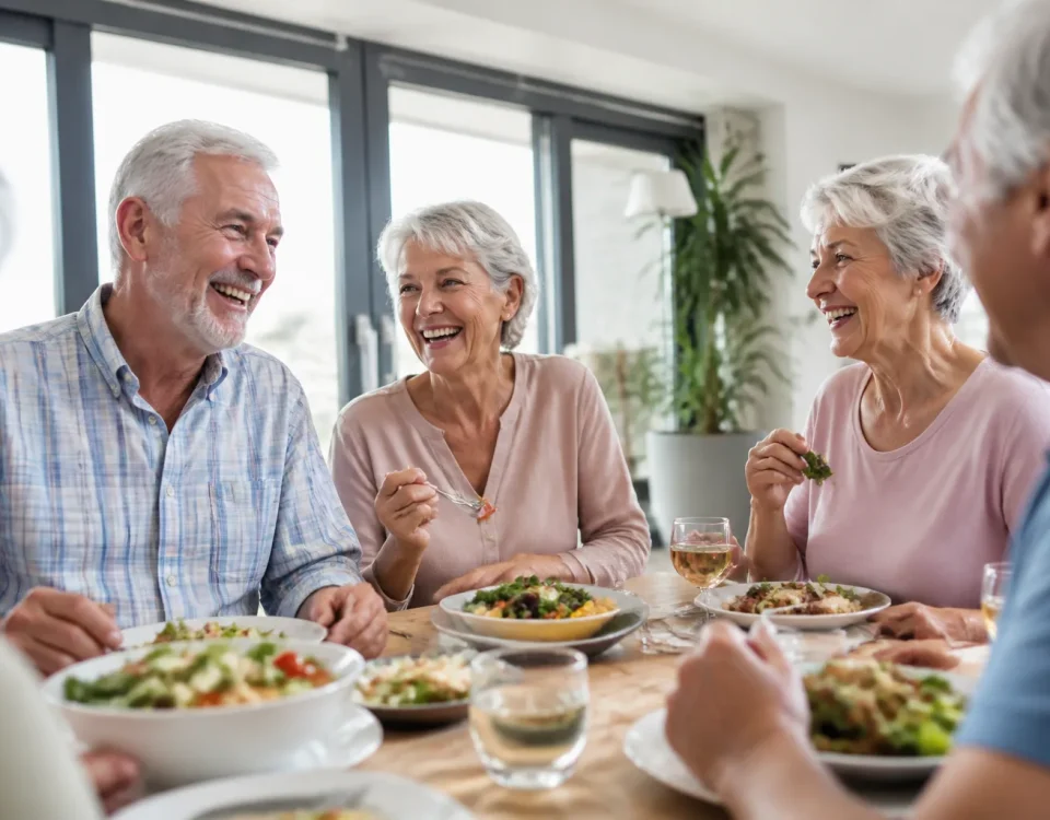 Seniors souriants partageant un repas dans une residence lumineuse