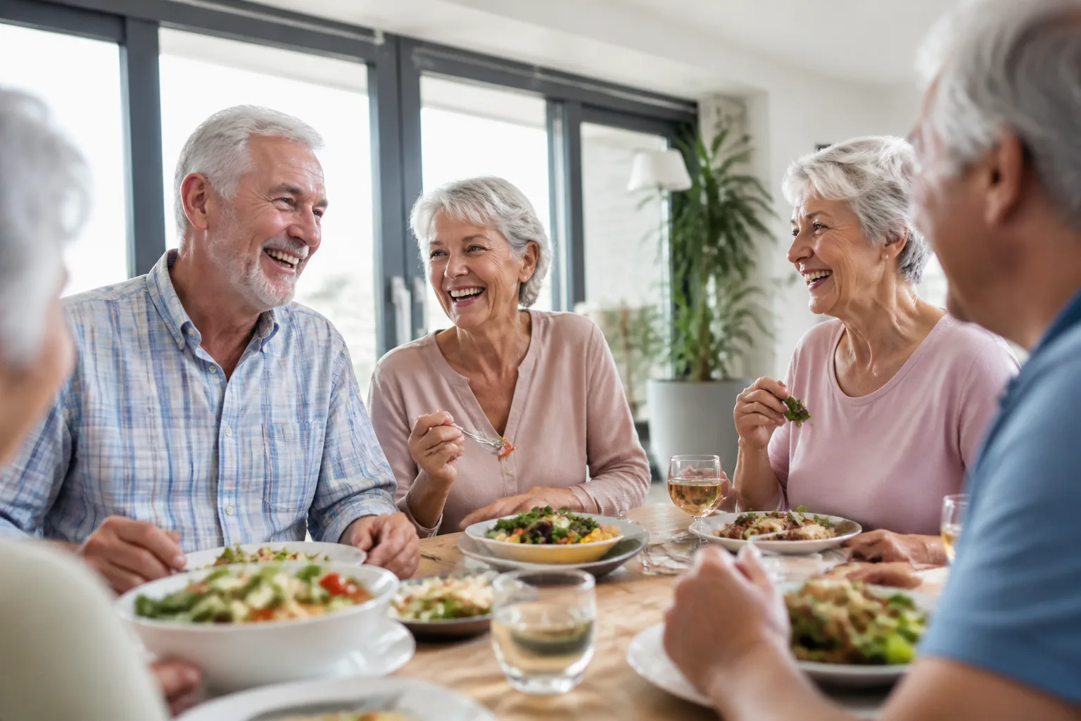Seniors souriants partageant un repas dans une residence lumineuse