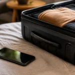 Smartphone affichant un message pres dune valise