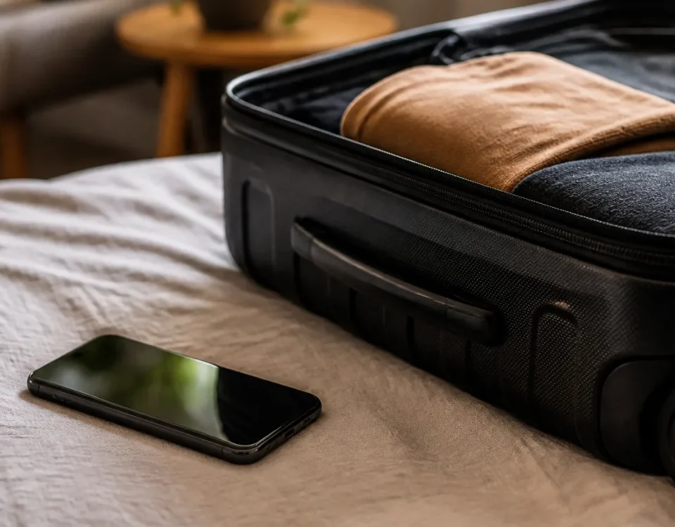 Smartphone affichant un message pres dune valise