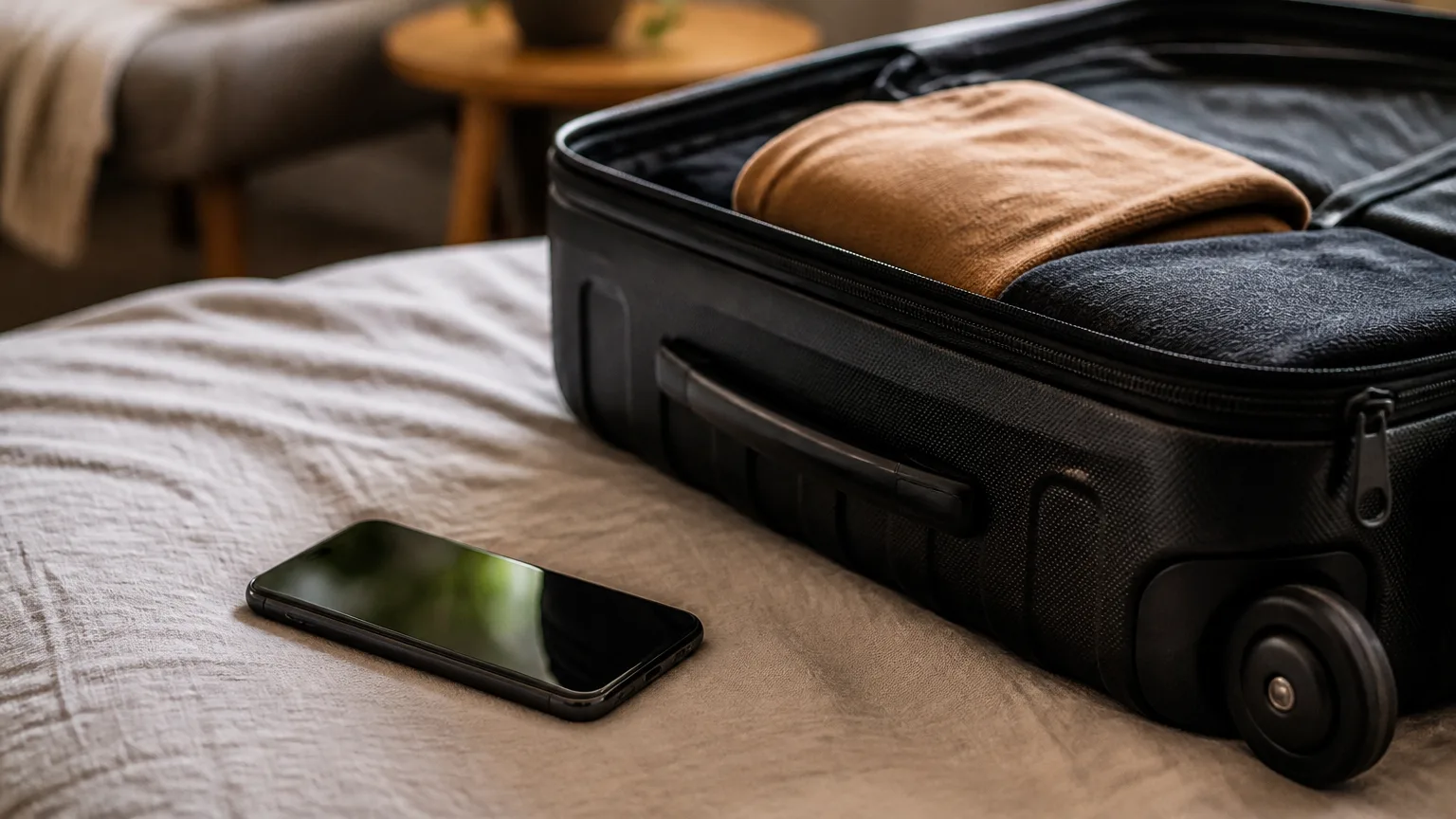 Smartphone affichant un message pres dune valise