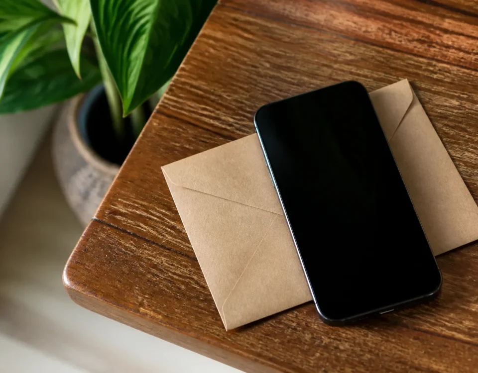 Smartphone posé sur une table avec enveloppe