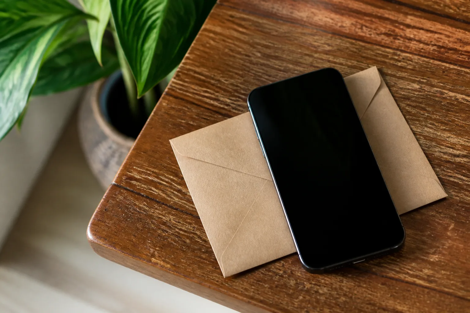 Smartphone posé sur une table avec enveloppe