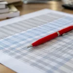 Stylo rouge pose sur une feuille de chiffres imprimes