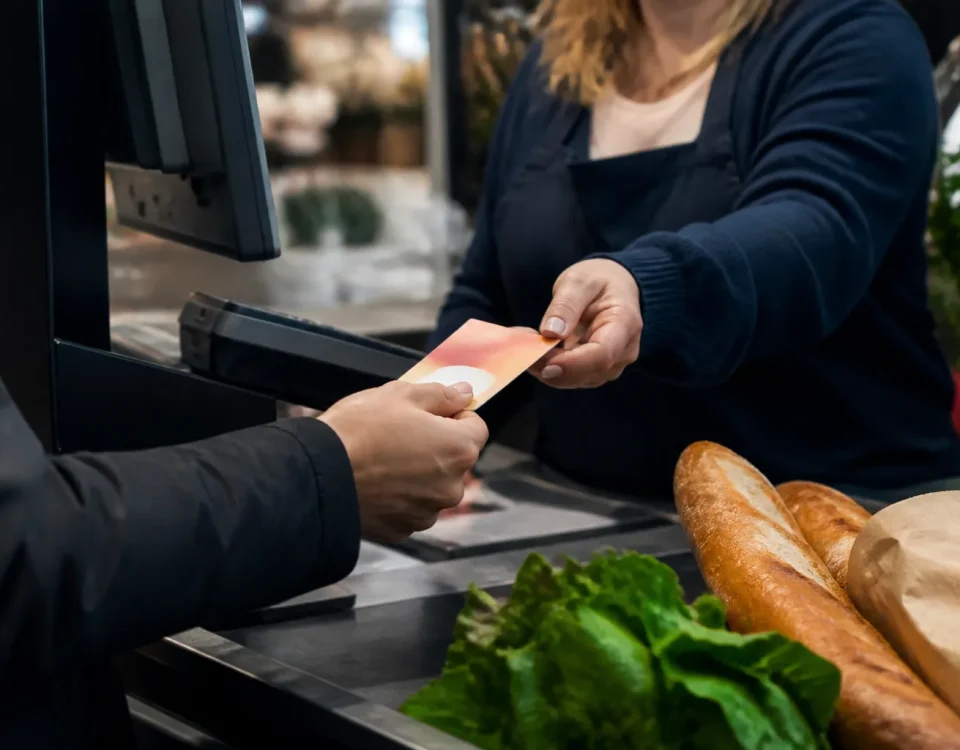 Ticket restaurant tendu a la caisse d'un supermarche