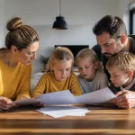 Trois enfants et parent assis a table feuilletant papiers