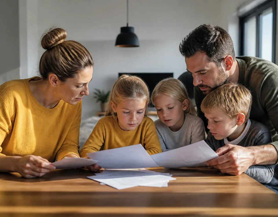 Trois enfants et parent assis a table feuilletant papiers
