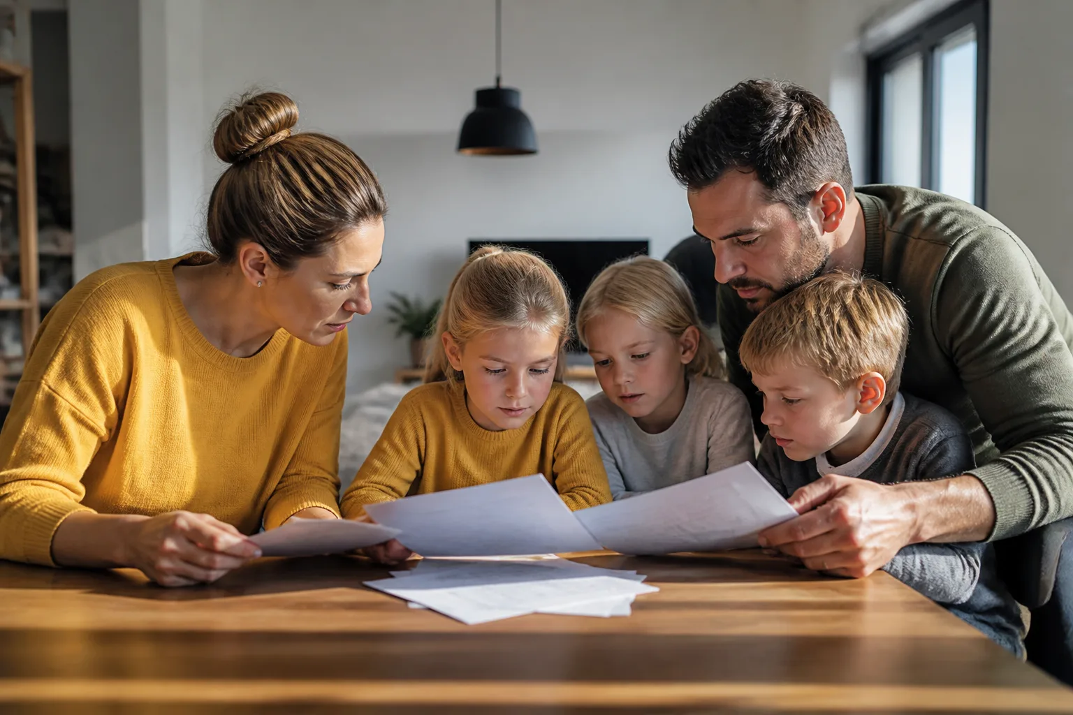 Trois enfants et parent assis a table feuilletant papiers