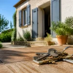 Trousseau de clefs sur table en bois devant maison