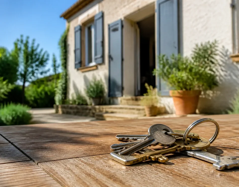 Trousseau de clefs sur table en bois devant maison