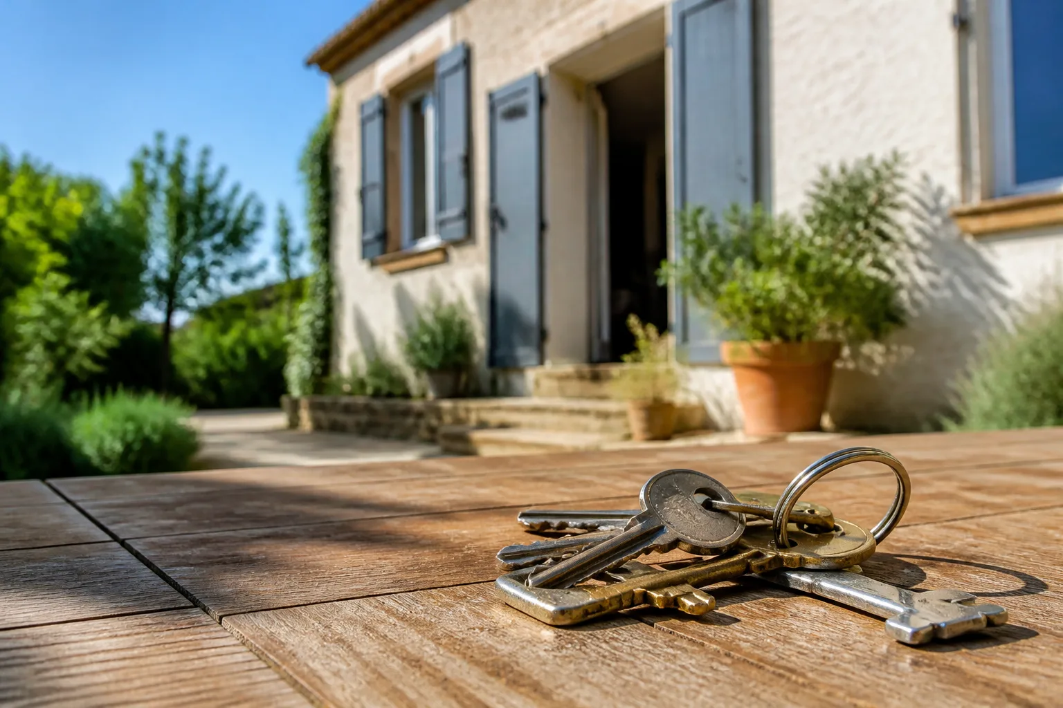 Trousseau de clefs sur table en bois devant maison