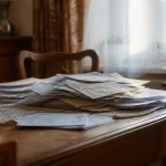 Une veuve agee assise devant une pile de factures