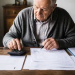 Vieil homme assis devant papiers et calculatrice sur table