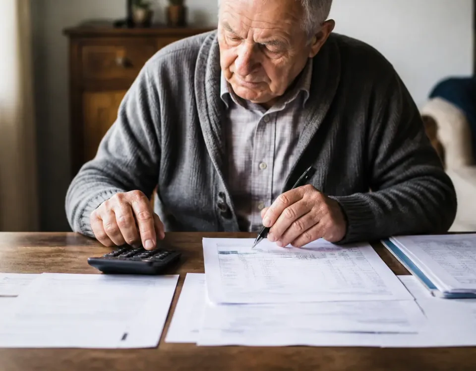 Vieil homme assis devant papiers et calculatrice sur table