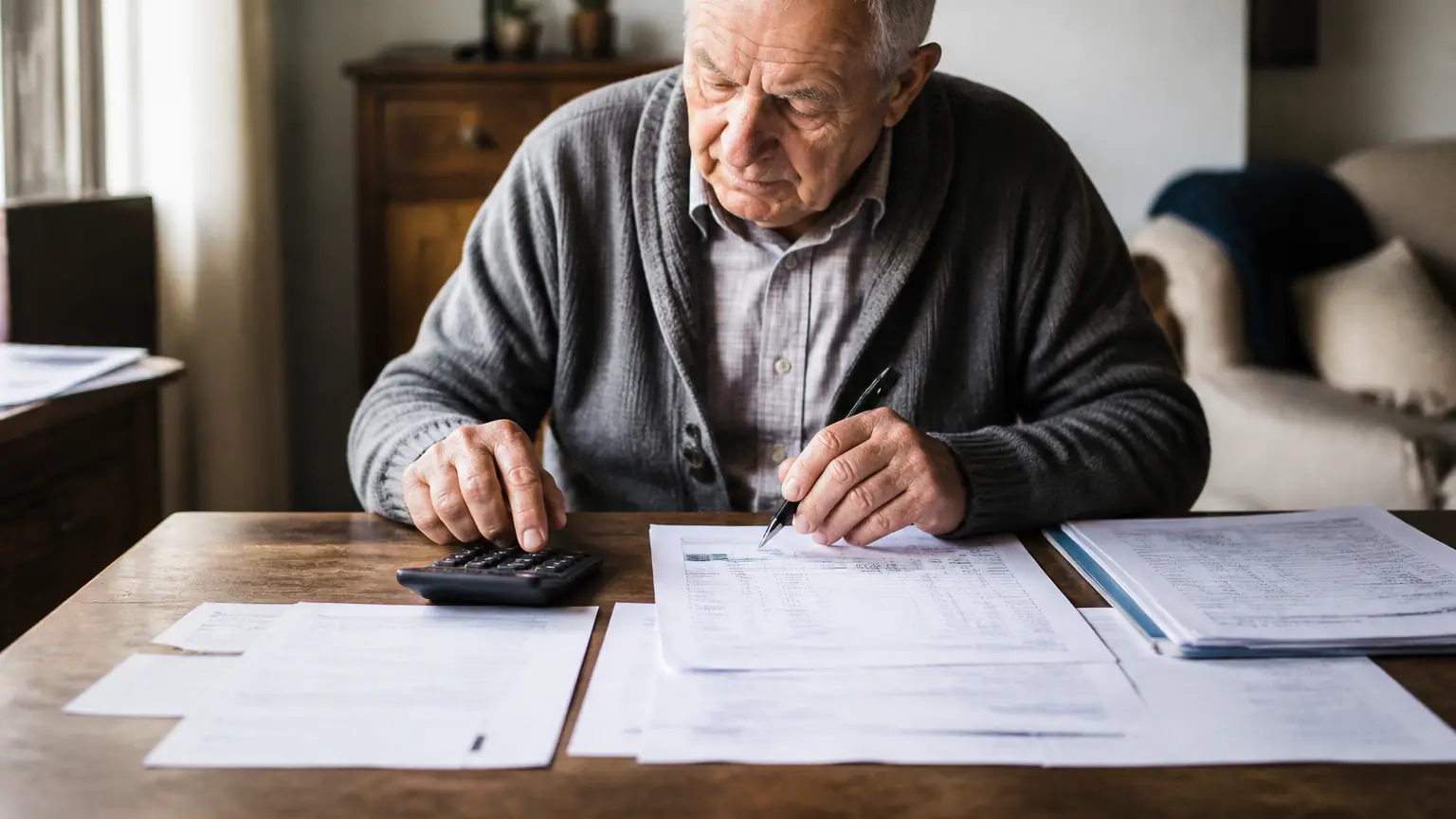 Vieil homme assis devant papiers et calculatrice sur table
