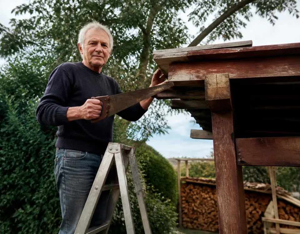 Vieil homme debout sur une echelle tenant une scie