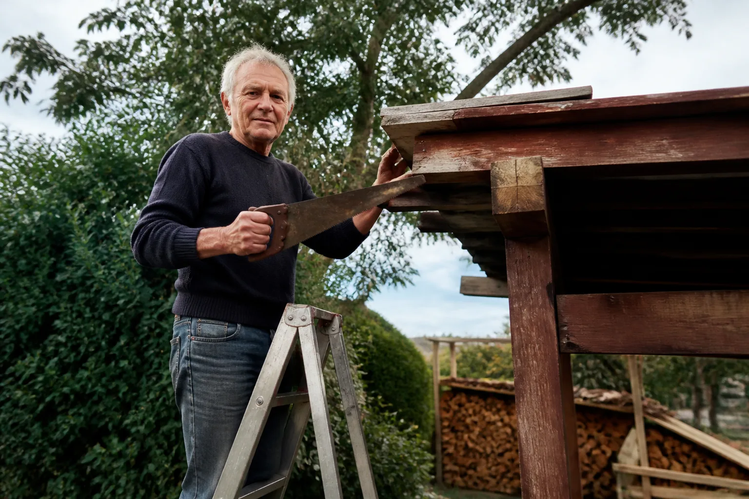 Vieil homme debout sur une echelle tenant une scie