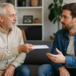Vieil homme remettant une enveloppe a son fils adulte