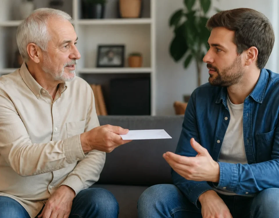 Vieil homme remettant une enveloppe a son fils adulte