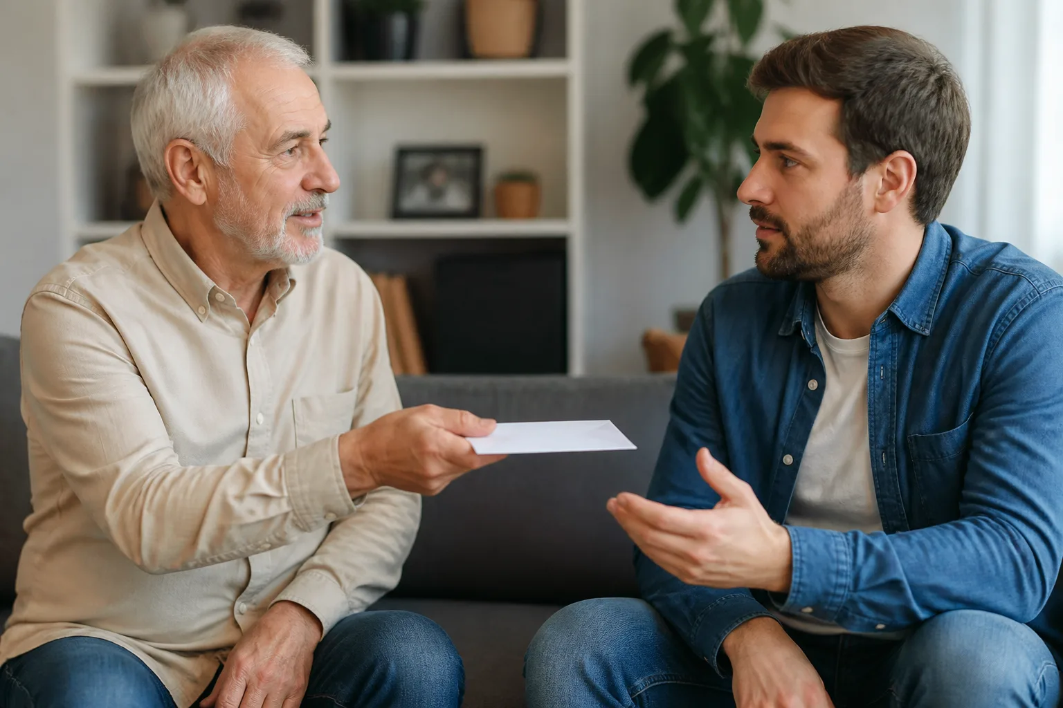 Vieil homme remettant une enveloppe a son fils adulte